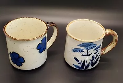 Buy (2) Unmarked Pottery Mug, Big Blue Flowers, Glazed, Textured- VINTAGE • 5.62£