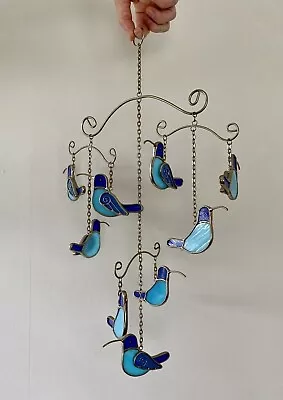 Buy Beautiful Metal Hanging Stained Glass Blue Birds Mobile Decor Ornament • 19.99£