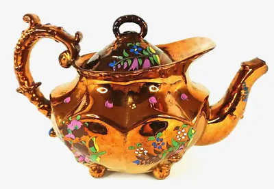 Buy Antique Teapot Copper Coloured Lustre Ware With Enamel Floral Motifs Decorative • 29.99£