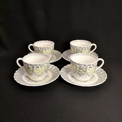 Buy Spode 4 Cups Saucers Fluted Spode's Primrose Y7475 Gray Yellow Green Floral 1954 • 82.98£