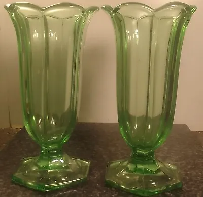 Buy Vintage Pair Davidson Of Gateshead Green Pressed Glass Chippendale 8” Vase VGC • 19.99£