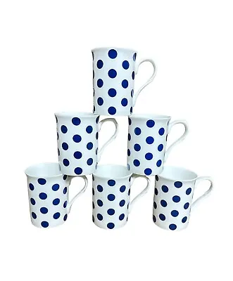 Buy 6 Blue Polka Dot Mugs Set White Fine Bone China Tea Mug Coffee Cup Set • 23.99£