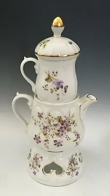 Buy Antique 3 Part CT (Carl Tiesch) German Porcelain Teapot W Infuser & Warmer Stand • 91.25£