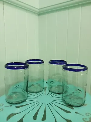 Buy Set Of 4 Vintage Mexican Hand Blown Tumblers Clear Glass Cobalt Blue Rim 5  Tall • 21.84£