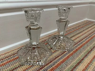 Buy Vintage Hexagonal Base Pressed Glass Pretty Candlesticks Wedding Table Dressing • 12.95£