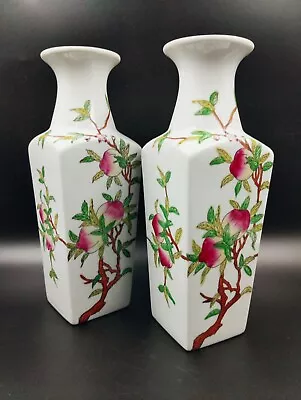 Buy Pair Of Vintage Hand Painted Chinese Vases With Peaches Made In Hong Kong 10.5in • 49.99£