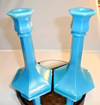 Buy Pair Of Antique Northwood Glass Rainbow Line Jade Blue Candlesticks No Chp/Crak • 56.58£