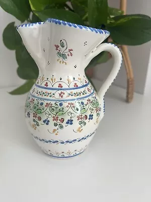 Buy Signed Spanish Pottery Sangria Pitcher Jug Vase White Blue Green  Floral Vines • 15£