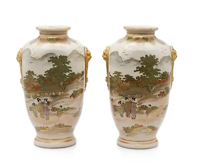 Buy Pair Antique Satsuma Ware Pottery Vases By Hakusan - Japanese Meiji C1880 • 295£