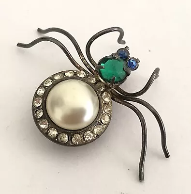 Buy Antique Victorian Silver & Coloured Paste Stone Faux Pearl Spider Brooch • 32£