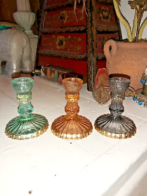 Buy Set Of  Three  Indian Coloured Glass Candle Holders • 19.99£