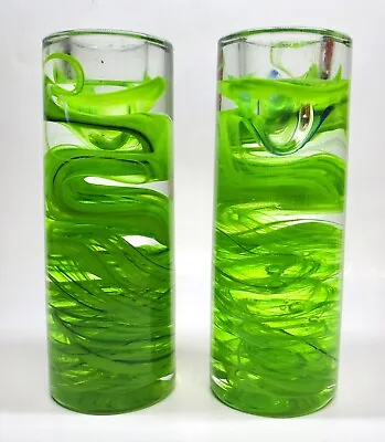 Buy 2 Vtg Kosta Boda Sweden 1742 Heavy Glass Candleholders Clear Green Swirl Bubbles • 85.35£