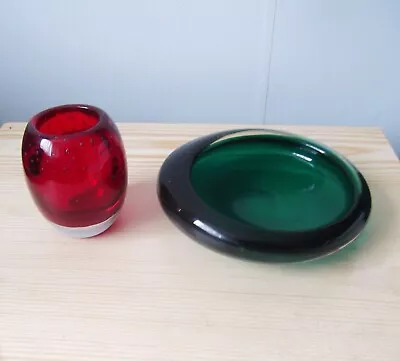 Buy  Whitefriars Green Glass  Eliptical Bowl Pattern No 9514+ Small Red Glass Vase • 14.99£