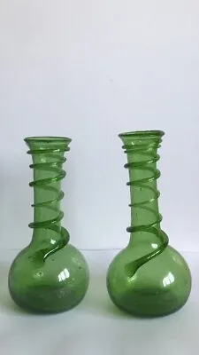 Buy Antique Hand Blown Green Glass Vases With Spiral Detail. • 18£