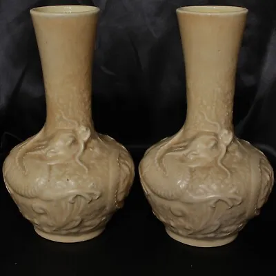 Buy Bretby Art Pottery Pair Cream Glazed Ceramic Oriental Dragon 9  Vases, C.1910's • 55£