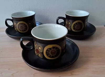 Buy Denby ARABESQUE Samarkand Brown Circles Set Of 3 Cups & Saucers 70’s Vintage • 14.23£