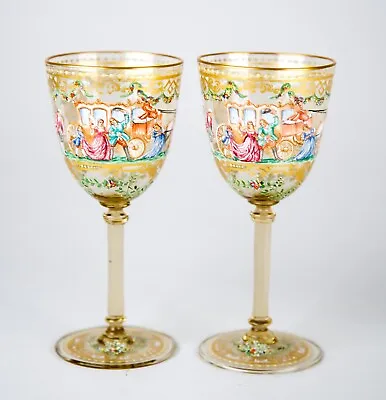 Buy Venetian Enameled Gentlemen & Ladies Coach Scene Wine Glass Goblets Set Of 2 • 352.22£