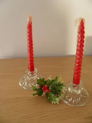 Buy 2 Vintage Glass Candle Stick Holders With 2 Red Candle • 8.99£