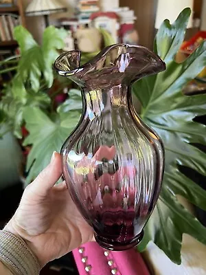 Buy Vintage  Glass Vase Purple Amethyst  Glass Hand Blown Ruffle  Top • 19.13£