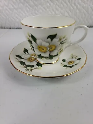 Buy Duchess Bone China Footed Cup & Saucer, White Flowers, Yellow Centers, Gold Trim • 19.29£
