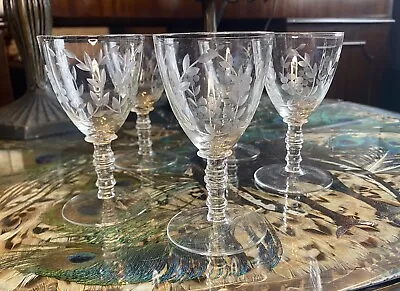 Buy Vintage 1940s Etched Crystal Glasses For Claret. Set Of 5 • 25£