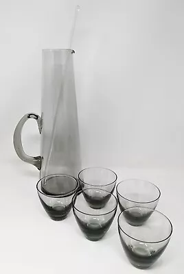 Buy Sleek 7 Pc Danish MCM Martini Set  Smoke Gray Cocktail Pitcher Stirrer Glasses • 60£
