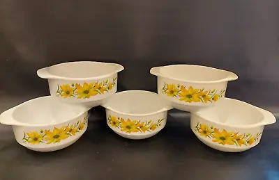 Buy Vintage PYREX Yellow Flower Fruit Cereal Bowls X 5 Size 4.5 Inches • 29.95£