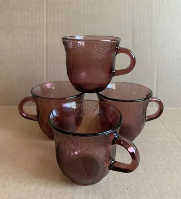 Buy Set Of 4 Vintage Fortecrisa Amethyst Glass Embossed Mugs Coffee Tea Cups Mexico • 28.01£