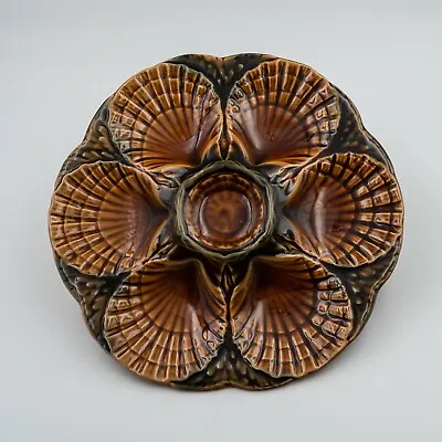 Buy French Antique Majolica Oyster Plate SARREGUEMINES Signed Brown • 76.07£