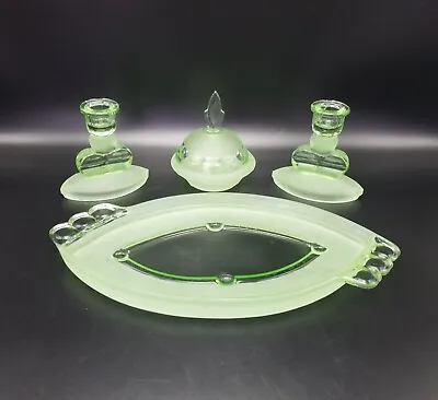 Buy Czech Stolzle Green Pressed Satin Glass Art Deco Vanity Tray Set • 25.99£