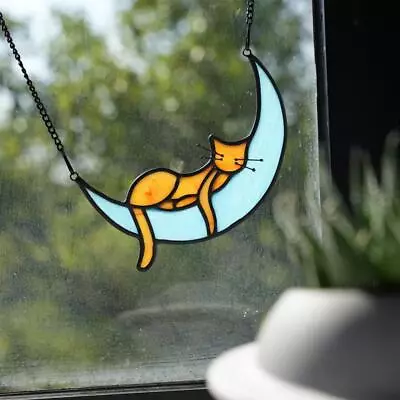 Buy Stained Glass Window Hanging Hangings Moon Memorial Cat • 10.19£