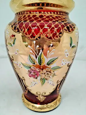 Buy Bohemian Vase Czech Cranberry Enamelled Flowers 24k Gold Enamel 3d Flowers Heart • 40£