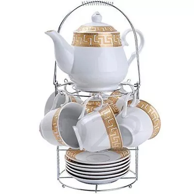 Buy Gift 15pc Tea Set With Rack Cups Saucers Teapot, Golden Greek Key Design • 35.85£