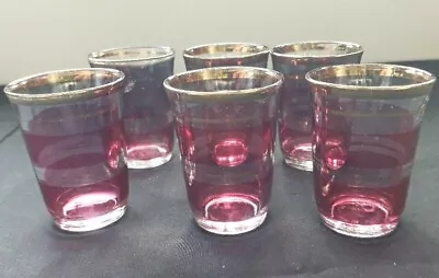 Buy 6 Vintage Cranberry Gold Coloured Trim Tumbler Drinking Glasses • 12£