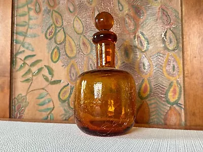 Buy Vintage MCM Rainbow Crackle Art Glass Decanter With Ball Stopper - Orange/Amber • 142.52£