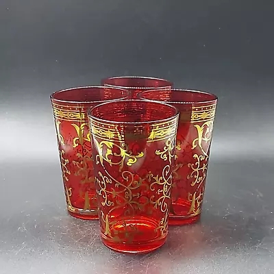 Buy Vintage Red Juice Glasses Gold Scroll Leaf Design Preowned Lot Of 4 • 15.65£