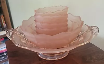 Buy Vintage Art Deco Frosted Pink Glass Bowl Dessert Set 7 Piece • 18£