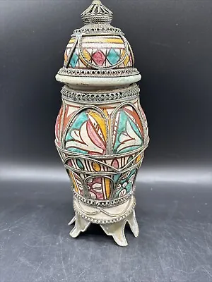 Buy Antique Moroccan Ceramic Lidded Vase From Fez With Silver Filigree • 519.75£
