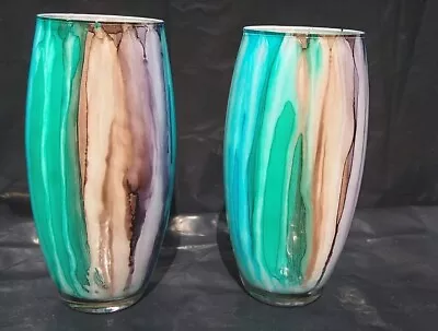 Buy 2 Franco Handmade Italian Painted Art Glass Vases Blue/Green/Purple/Tan 8   • 70.87£