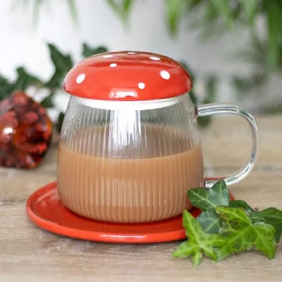 Buy Fairy Toadstool Mushroom Shape Lidded Clear Glass Tea Mug Coaster Aesthetic Gift • 11.49£