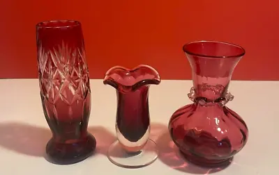 Buy Cranberry Glass Art Vases, Set Of 3, Vintage, Decorative, Vintage • 21.61£