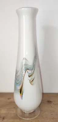Buy Vintage Dalian Snowflake Opaque White Cased Glass Vase With Coloured Swirls • 13.99£