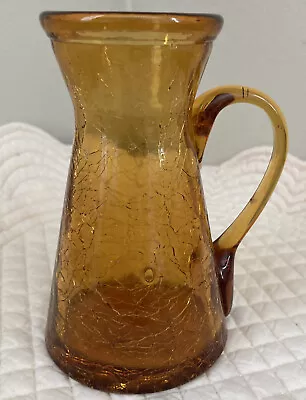 Buy Vintage MCM Art Studio Small Amber Crackle Glass Handled Pitcher Jug Vase 4 3/4” • 23.79£