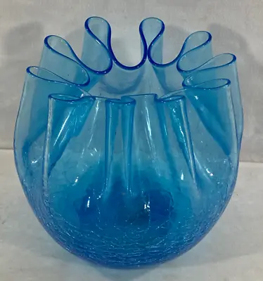 Buy Vintage Blue Crackle Art Glass Crimped Edge Rose Bowl Vase • 38.50£