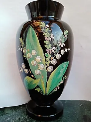 Buy Victorian Black Amethyst Enamel Painted Lily Of The Valley Glass Vase • 35£