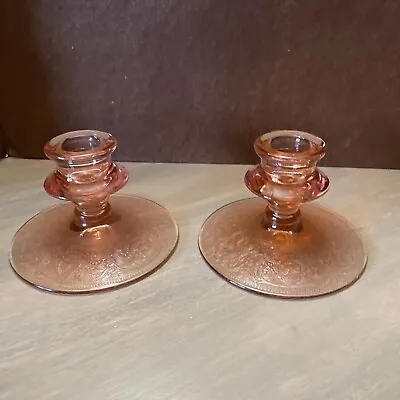 Buy  PAIR! Two Elegant Cut Glass Pink Taper Depression Glass Candlestick Holders • 40.86£