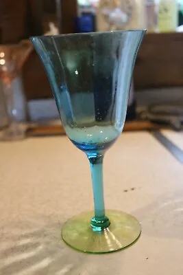 Buy Tiffin Glass Blue/ Vaseline Yellow Goblet. • 25.09£