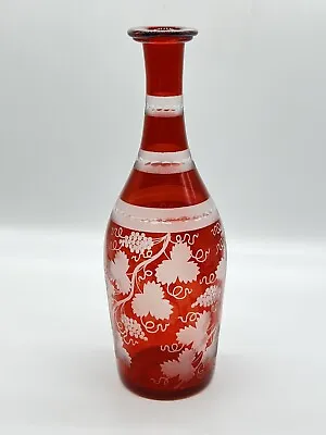 Buy Vintage Cranberry Cut To Clear Etched Glass Decanter Grapevine Pattern 10.5” • 9.64£