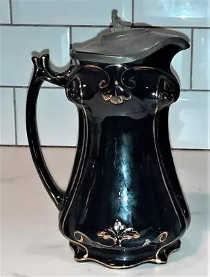 Buy Pretty Art Nouveau Jackfield Hand Gilded Pottery Pitcher With Pewter Lid C 1880+ • 28.50£