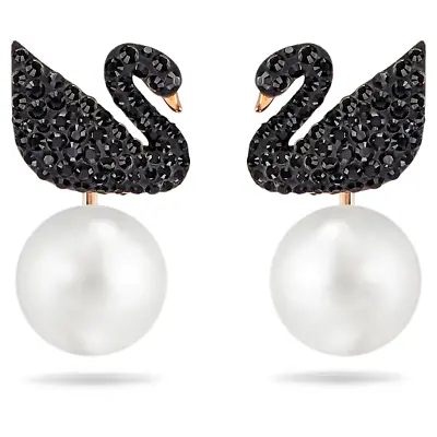 Buy Swarovski Iconic Swan Earring Jackets Swan, Black, Rose Gold-tone Plated • 36.89£
